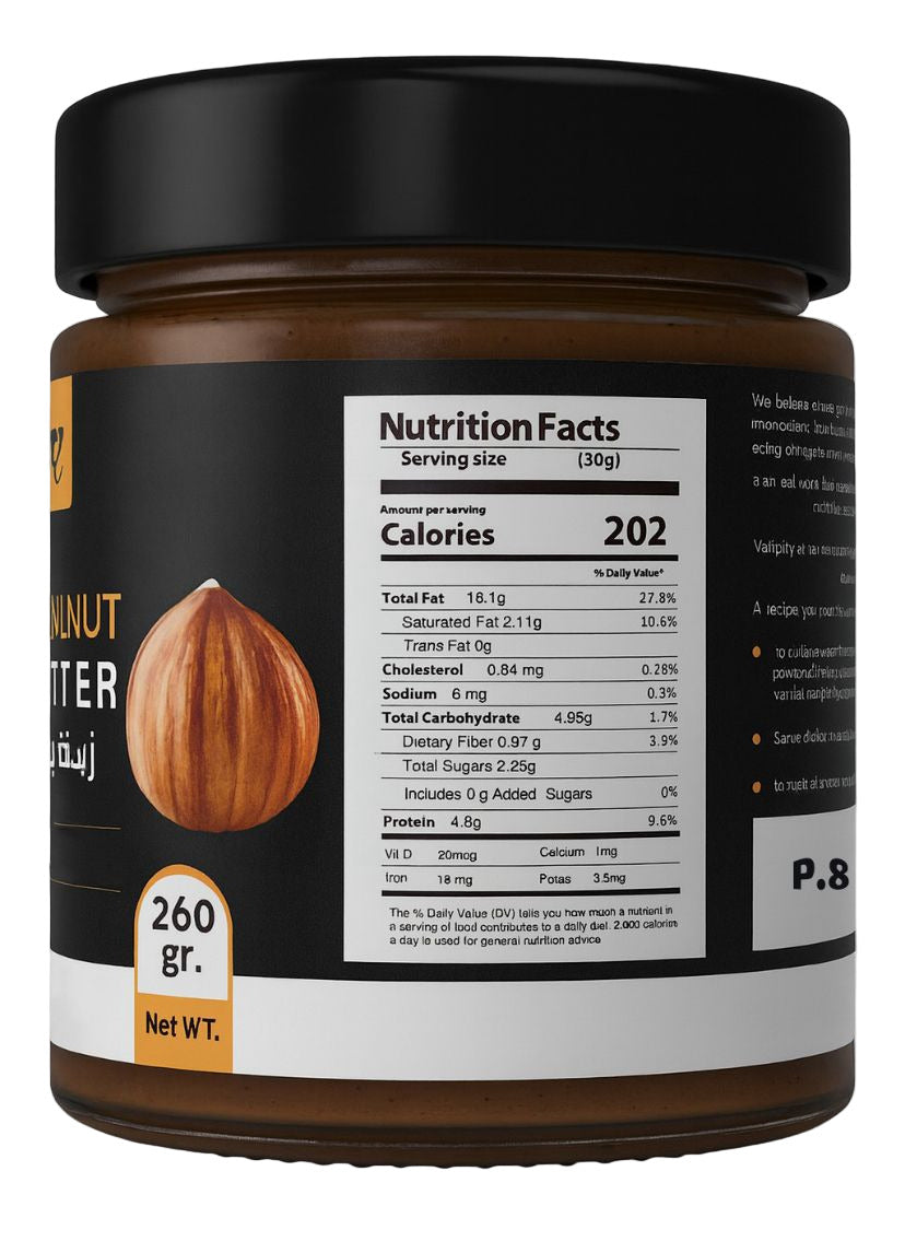 Jar of peanut butter with nutrition label on a white background