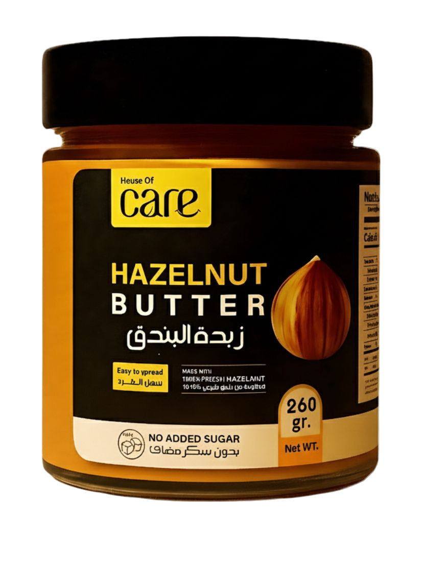 Jar of hazelnut butter with 'House of Care' branding on a white background